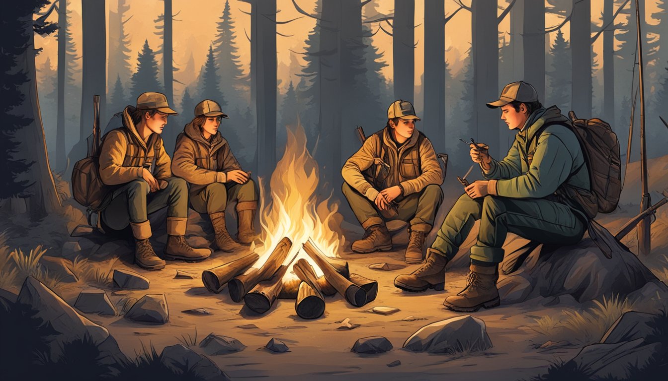 A group of young hunters gather around a campfire, preparing their gear and discussing their plans for the day's hunt