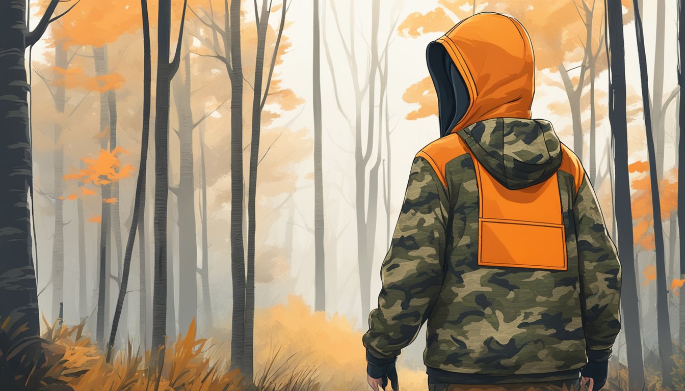 A youth in a camouflaged hunting hoodie stands in a forest clearing, with bright orange safety panels for visibility