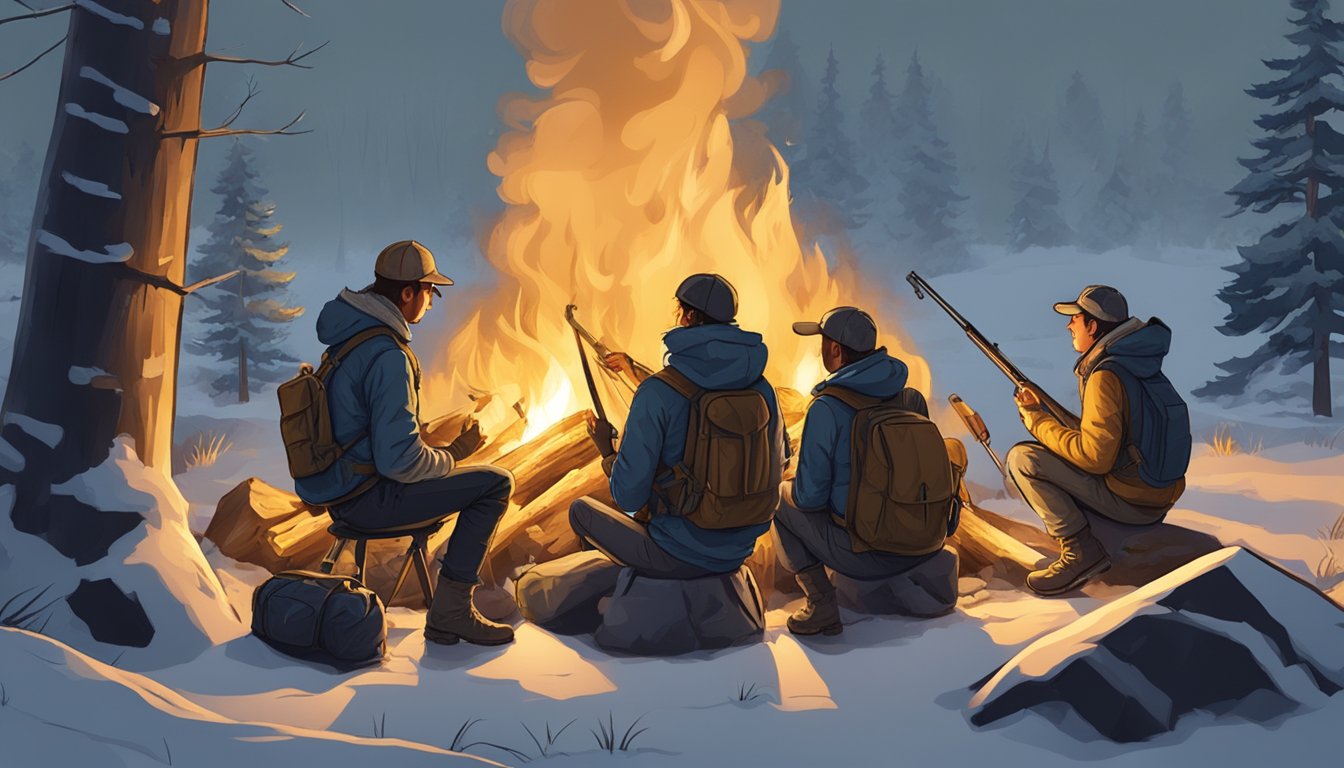 A group of young hunters gather around a campfire, checking their gear and discussing their plans for the upcoming hunt