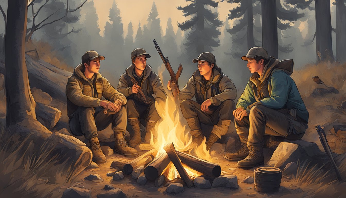 A group of young hunters gathering around a campfire after a successful hunt, with their gear and trophies displayed nearby