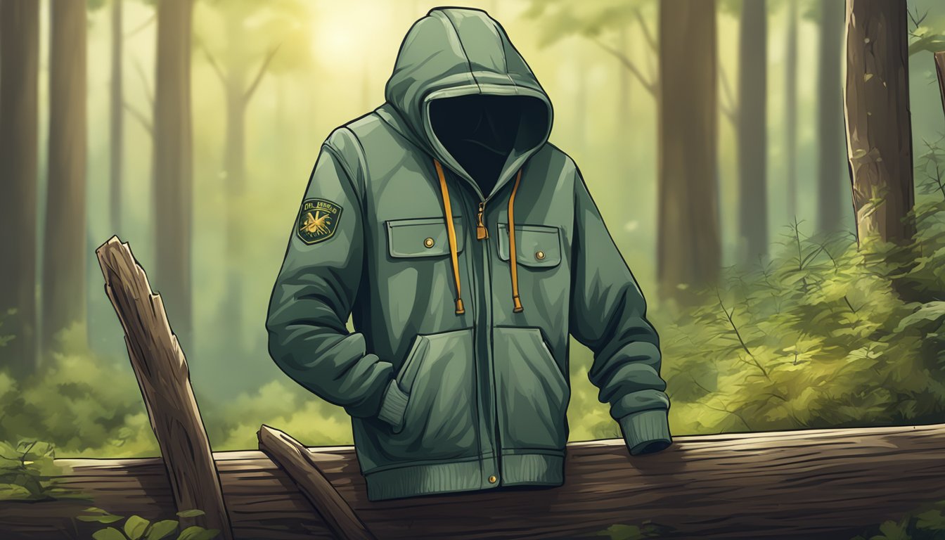 A youth hunting hoodie hanging on a rustic wooden fence in a peaceful forest clearing