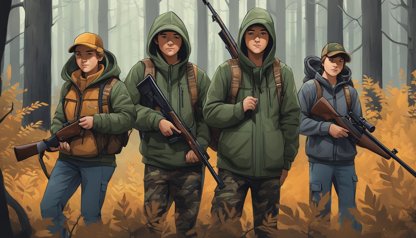 A group of young hunters wearing the enhanced experience youth hunting hoodies, standing in a dense forest with their rifles and hunting gear