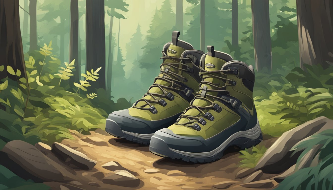 A pair of rugged youth hunting hiking shoes trekking through a dense forest trail