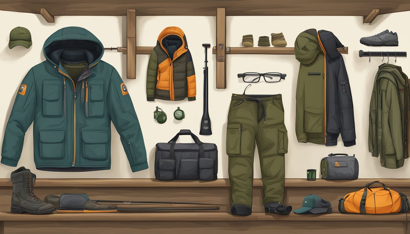 A hunting hoodie hanging on a coat rack, surrounded by hunting gear and outdoor equipment