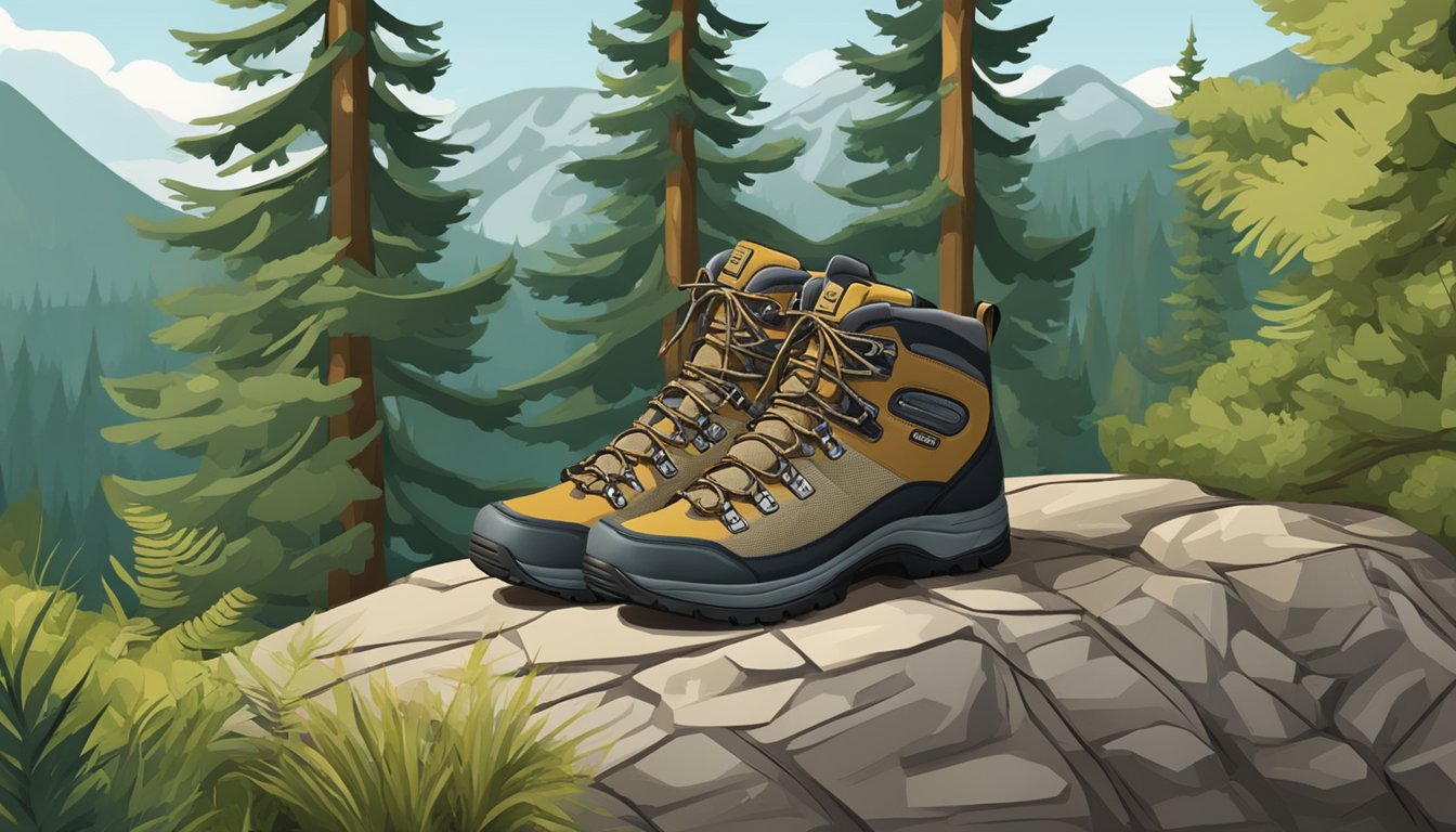 A pair of sturdy hiking shoes surrounded by outdoor gear and a forested backdrop