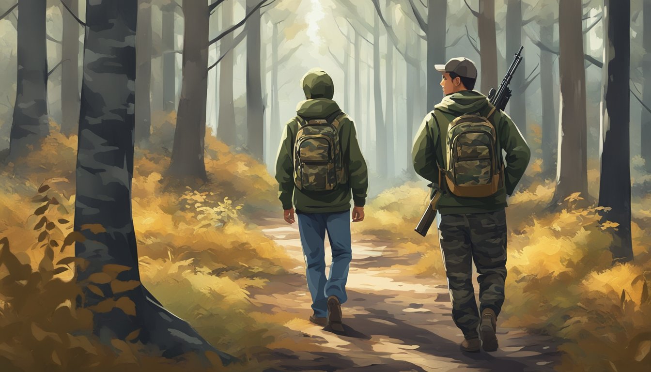 A young hunter in camouflage hoodie, carrying a rifle, walking through a forest with a mentor. They both look focused and determined