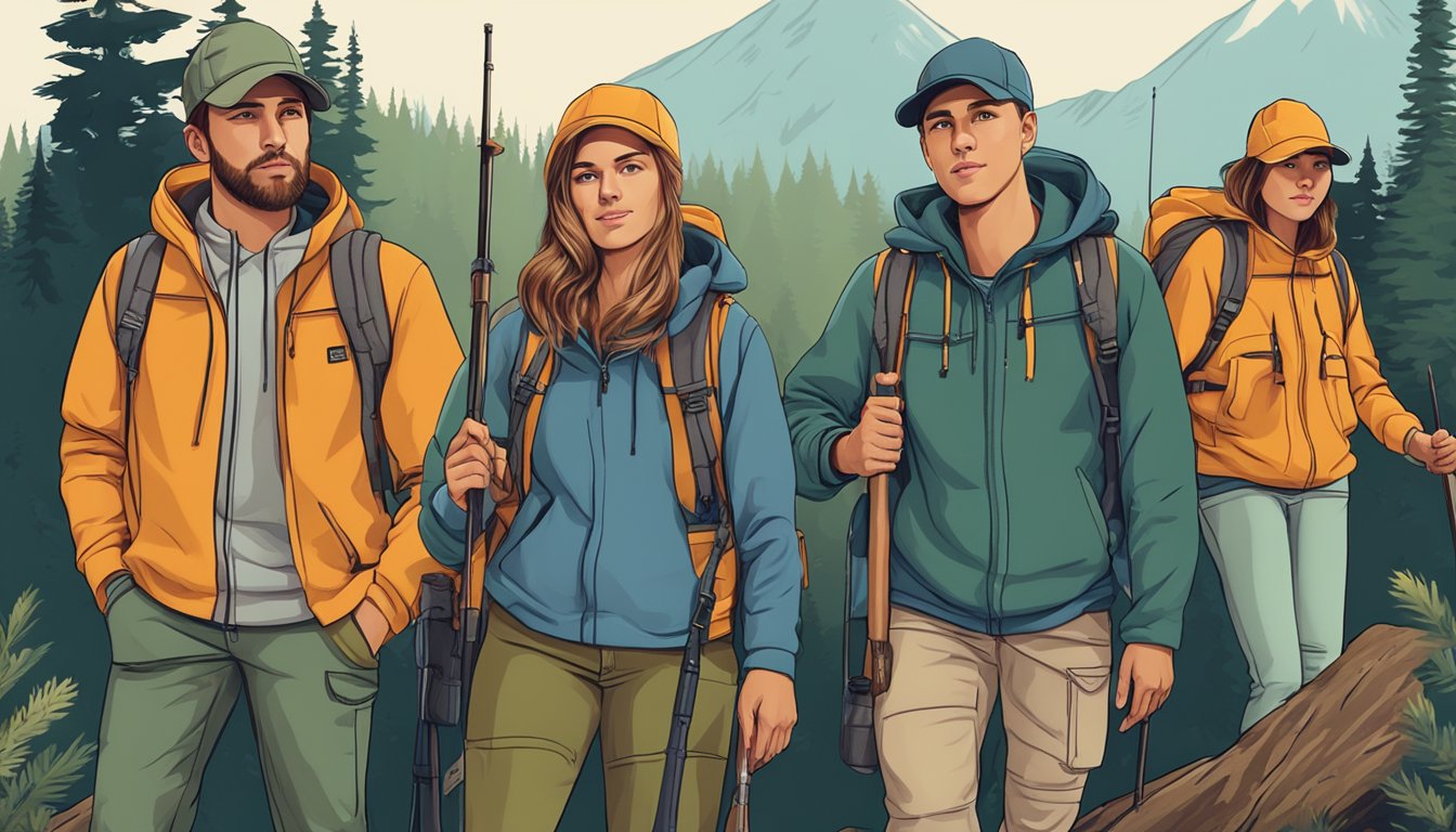 A group of young people wearing hunting hoodies while hiking, camping, and fishing in the wilderness