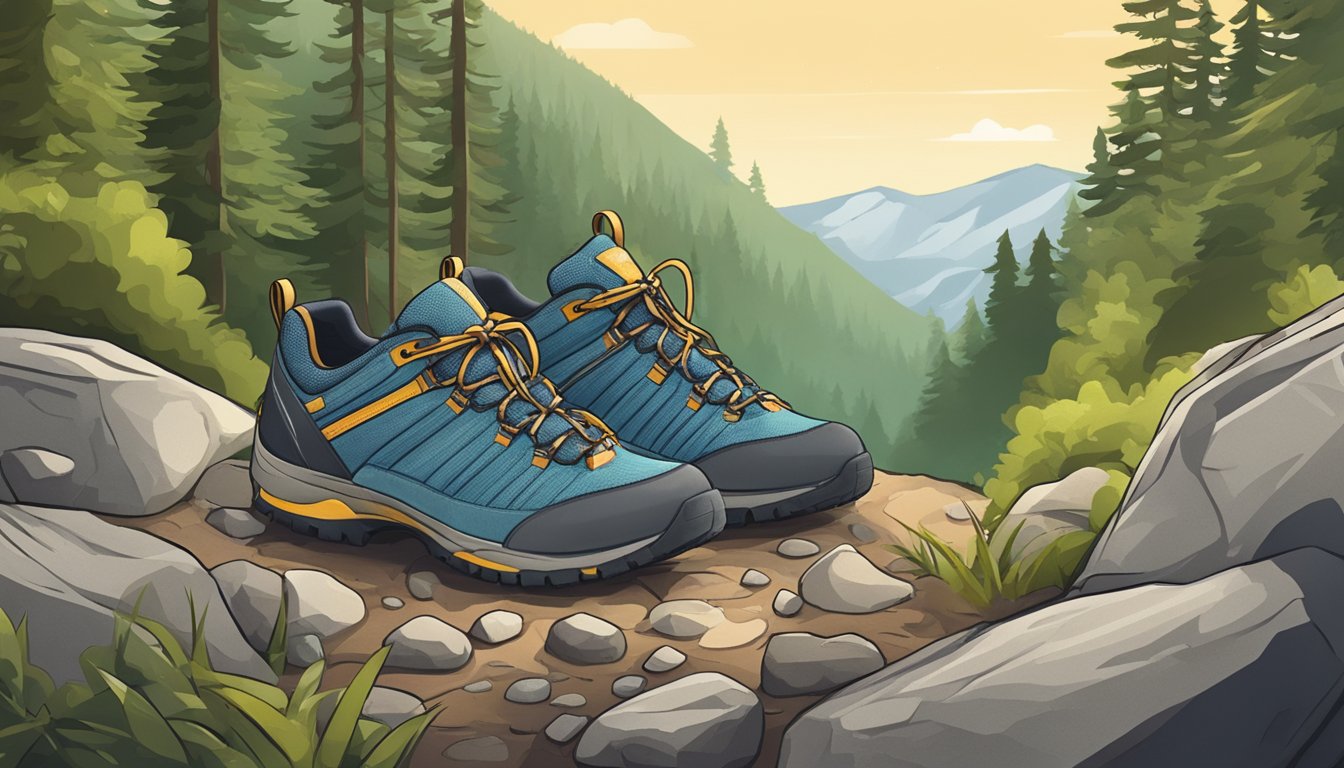 A pair of hiking shoes placed on a rocky trail, surrounded by trees and wildlife