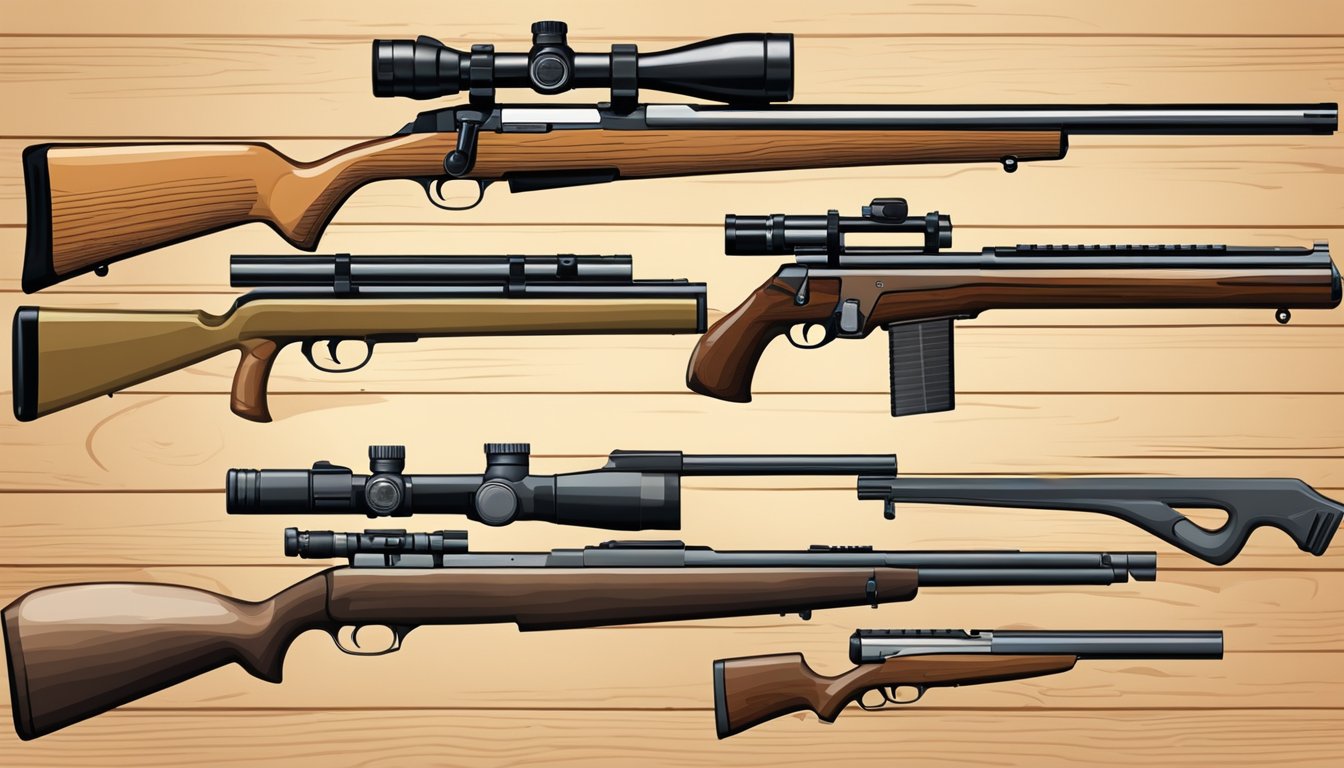 A variety of youth hunting guns displayed on a wooden table with different types and features such as scopes, barrels, and stocks