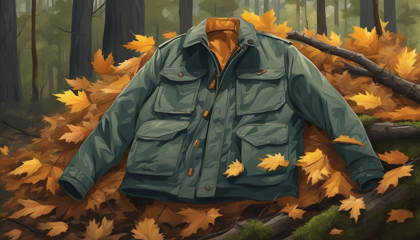 A youth hunting jacket hanging on a tree branch in a dense forest, surrounded by fallen leaves and pine needles