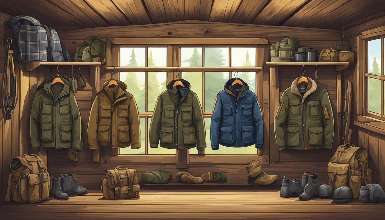 A group of youth hunting jackets hanging on wooden hooks in a rustic cabin, surrounded by hunting gear and camouflage accessories