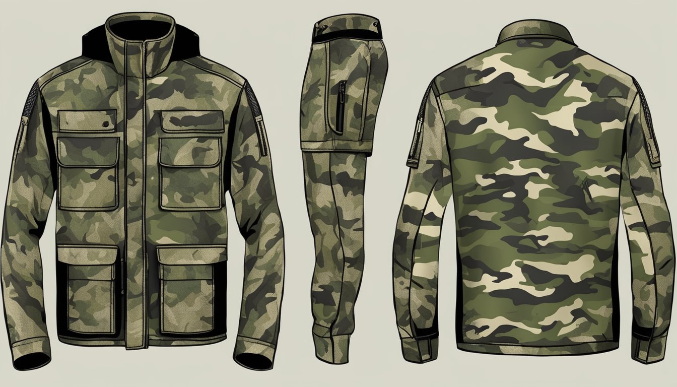 A youth hunting jacket in camo pattern is layered over a long-sleeved shirt, with pockets and zippers visible