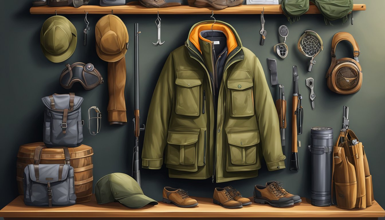 A youth hunting jacket hung on a wooden coat rack, surrounded by hunting gear and safety equipment