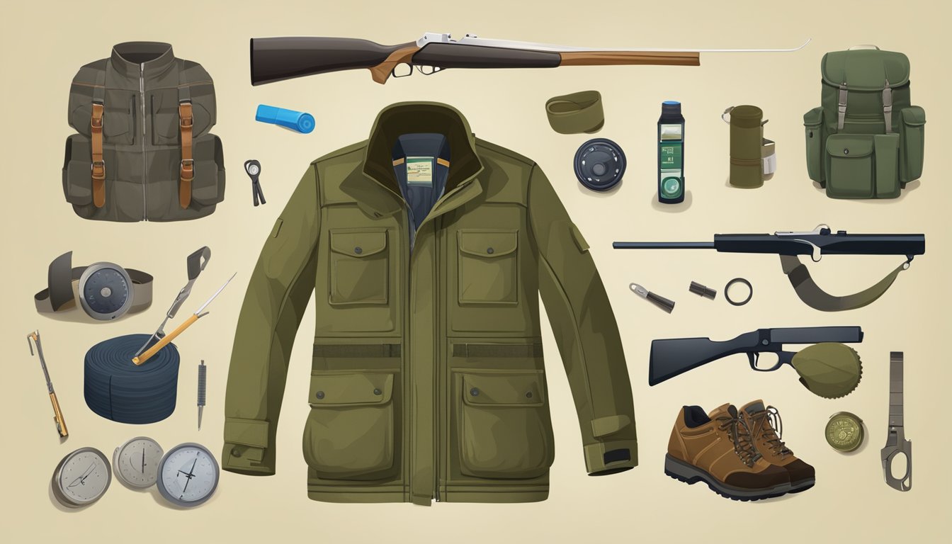 A youth hunting jacket laid flat with a measuring tape next to it, surrounded by various hunting gear and accessories