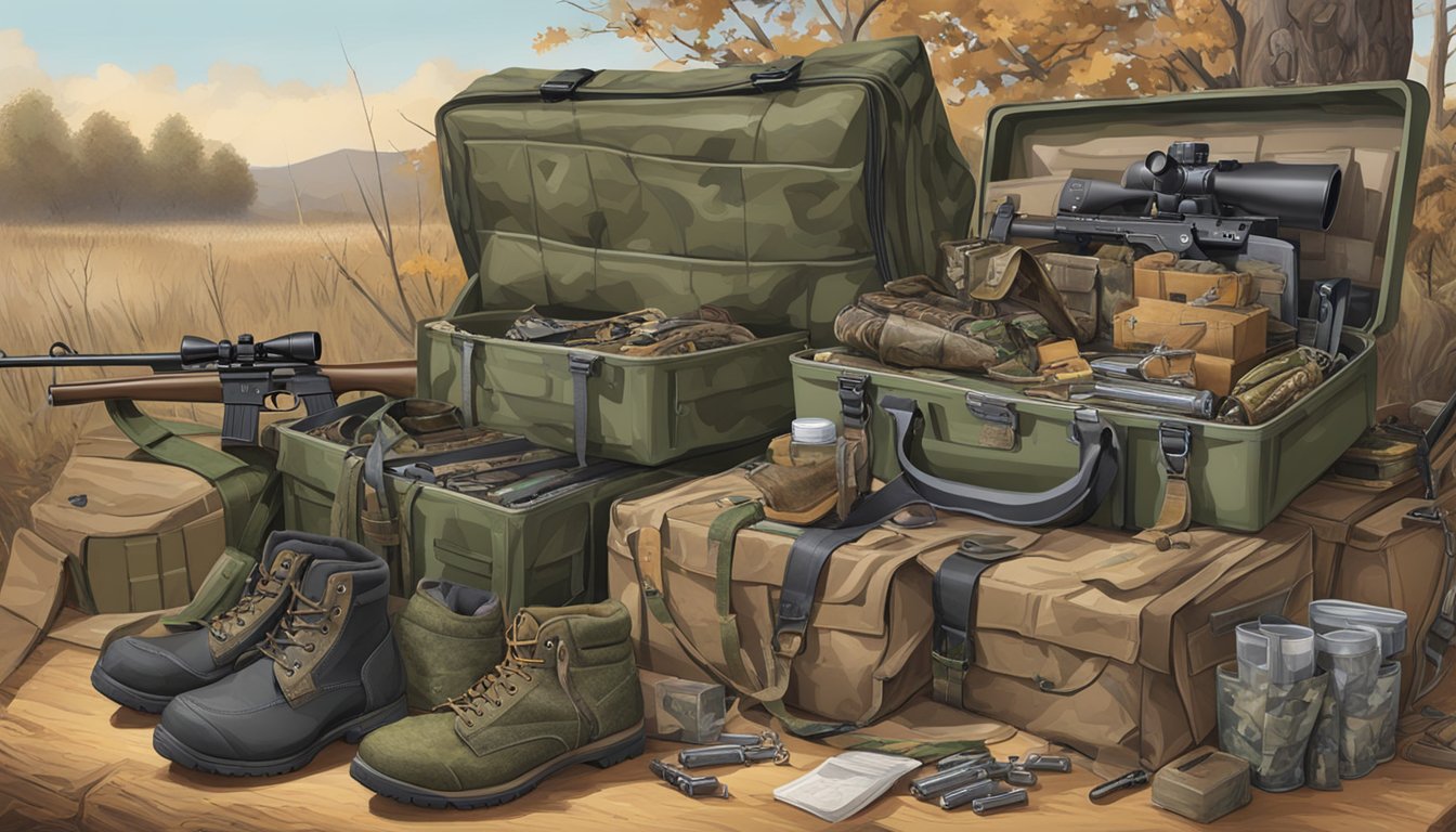 A table cluttered with camo gear, ammo boxes, and hunting rifles. A pair of boots and a dog leash lie nearby