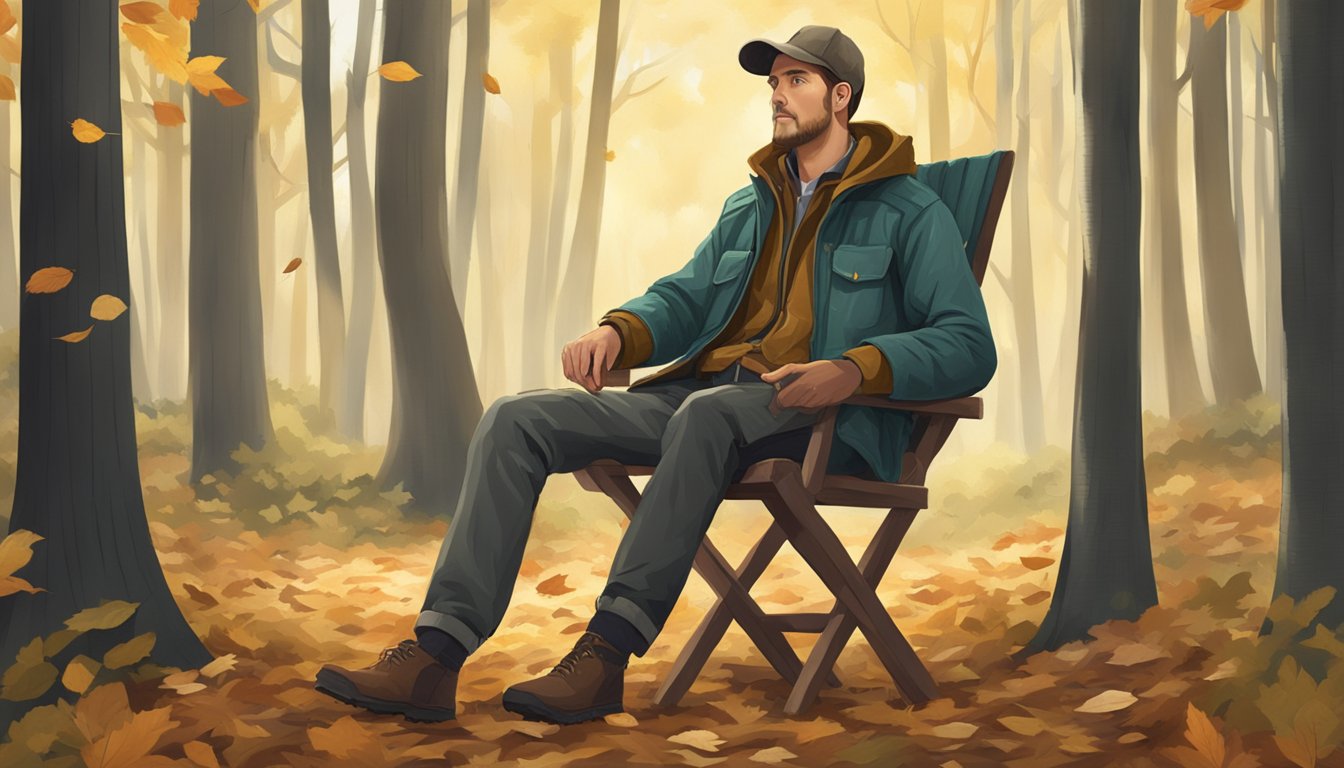 A forest clearing with a hunting jacket draped over a wooden chair, surrounded by trees and fallen leaves