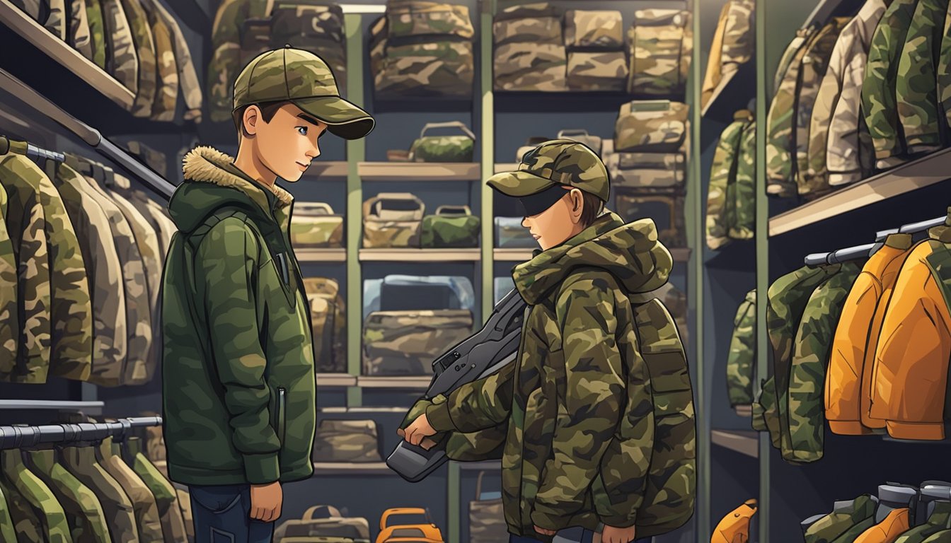 A young hunter browsing through a variety of camouflage youth hunting jackets in an outdoor sporting goods store