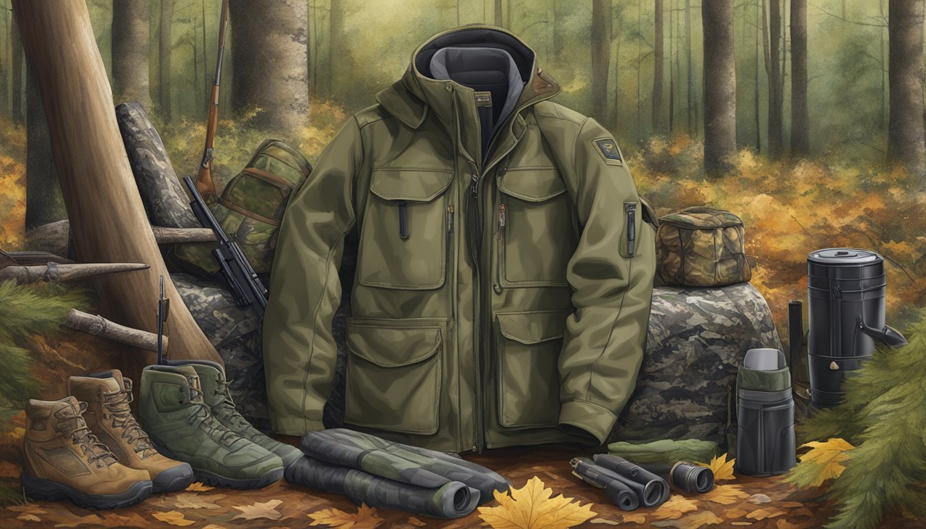 A youth hunting jacket displayed in a woodland setting, surrounded by camouflage gear and hunting equipment