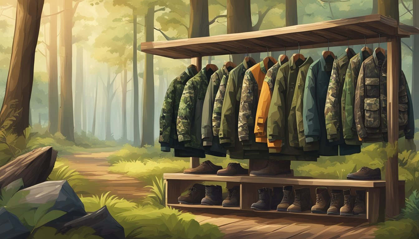 A forest clearing with a display of youth hunting jackets in various camo patterns, set up on wooden racks with trees and foliage in the background