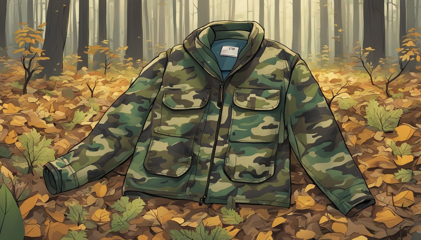 A youth hunting jacket in camo rests on a forest floor, surrounded by litter