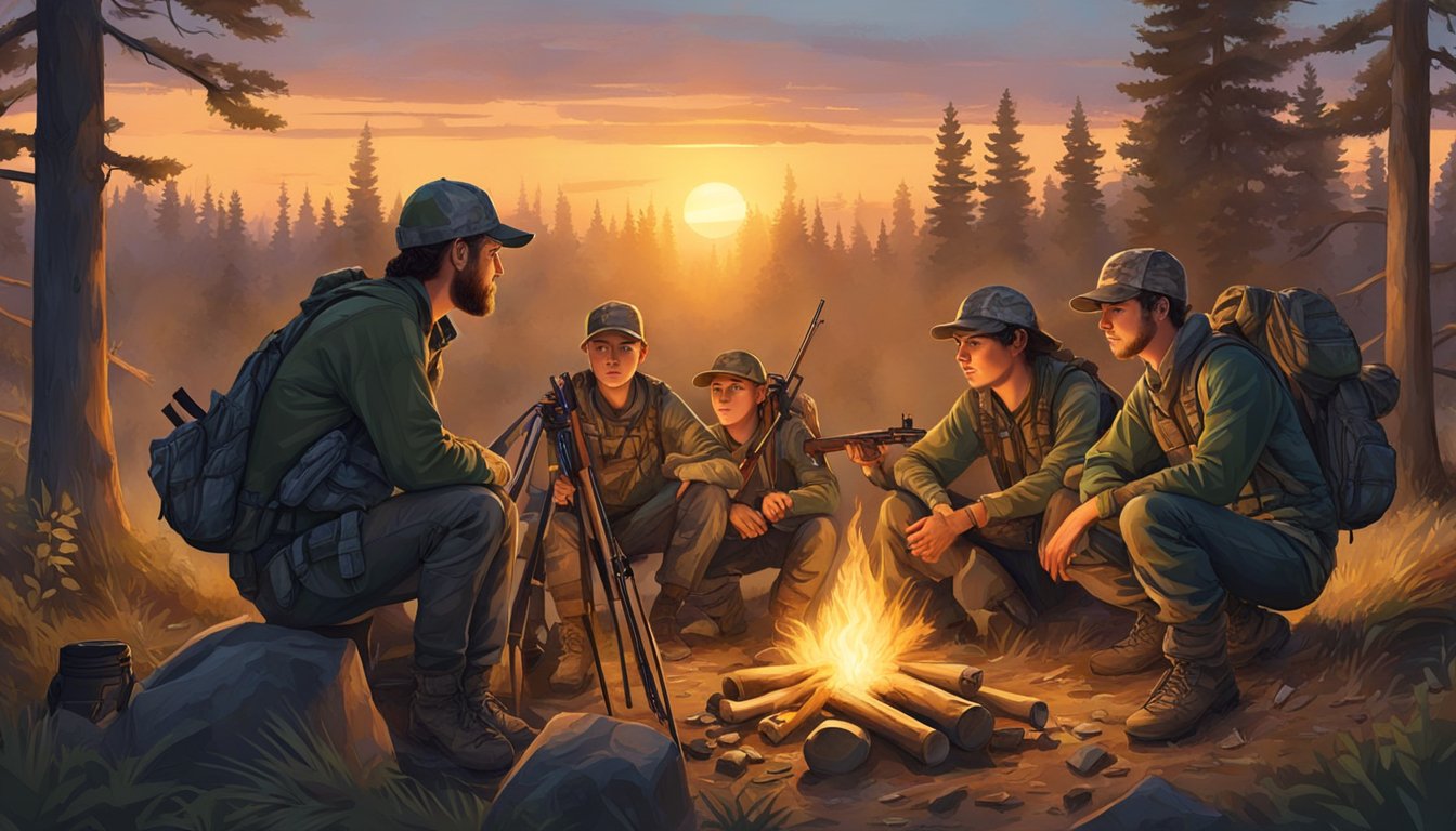 A group of young hunters in camouflage hats gather around a campfire, rifles and gear scattered nearby. The sun sets behind a forested backdrop