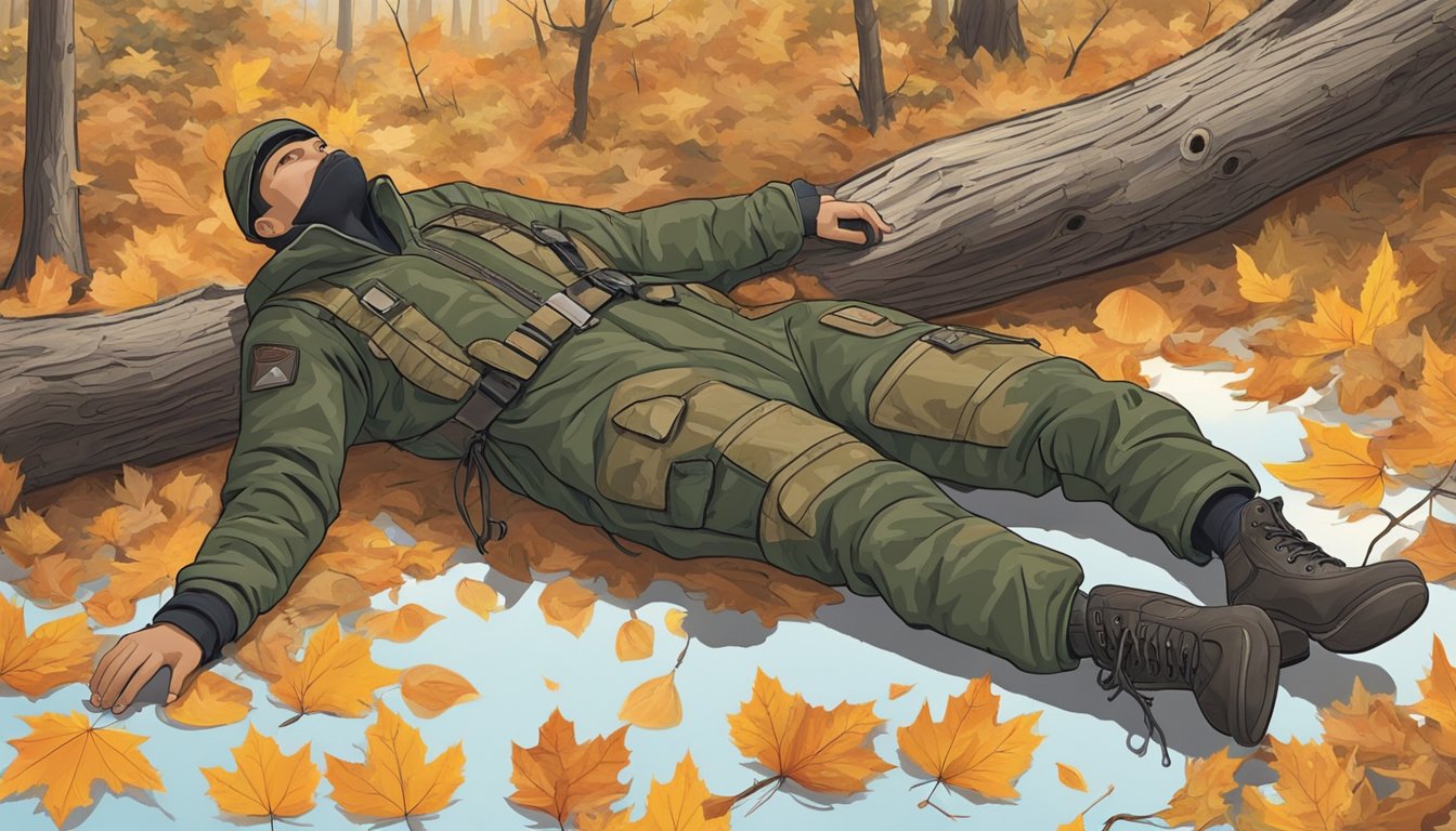 A forest clearing with a camouflage-patterned youth hunting jumpsuit hanging from a tree branch, surrounded by fallen leaves and a pair of boots on the ground