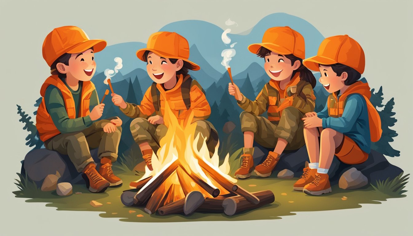 A group of children wearing camouflage hunting hats sit around a campfire, roasting marshmallows and laughing. The hats are bright orange for safety