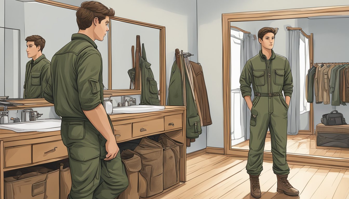 A young hunter wearing a jumpsuit, checking the fit in front of a mirror with hunting gear in the background