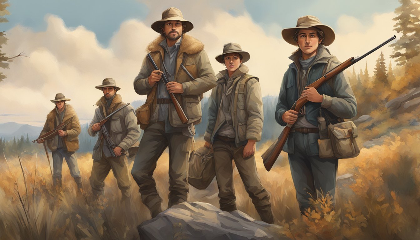 A group of young hunters wearing fashion-forward and functional hats, blending seamlessly into the natural surroundings