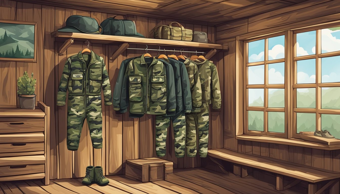 A camouflage youth hunting jumpsuit hanging on a wooden rack in a rustic cabin