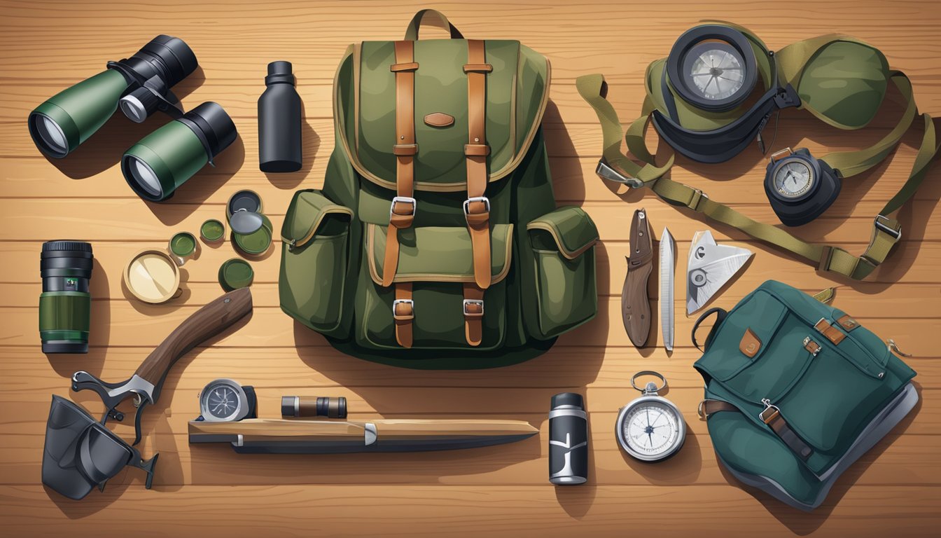 A young hunter's kit laid out on a wooden table, including a camouflaged backpack, a hunting knife, a compass, and a pair of binoculars