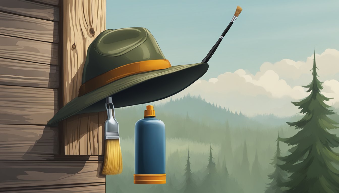 A hunting hat hanging on a hook with a brush and waterproofing spray nearby