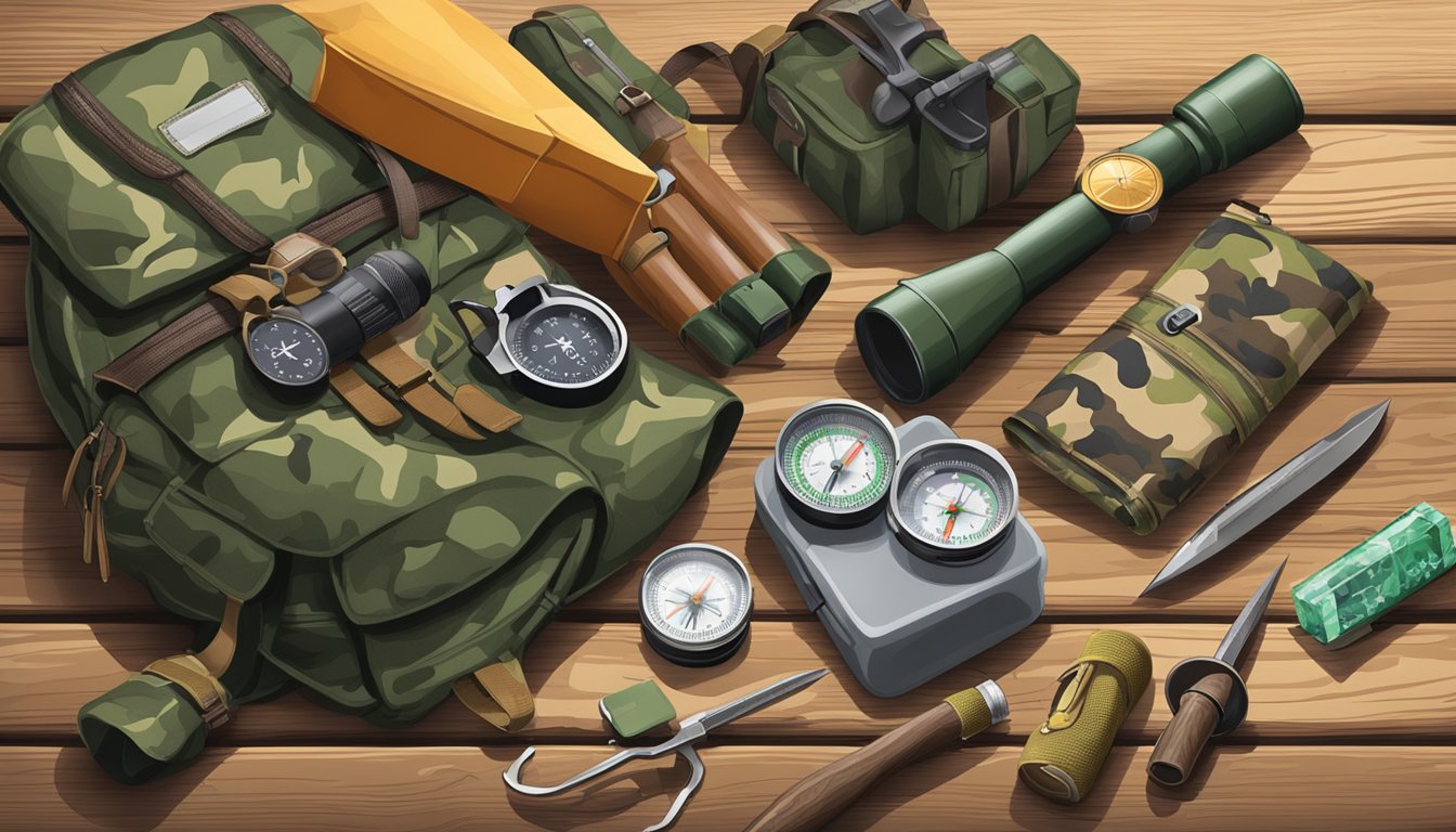 A youth hunting kit displayed on a wooden table, featuring a camouflaged backpack, a pair of binoculars, a hunting knife, and a compass