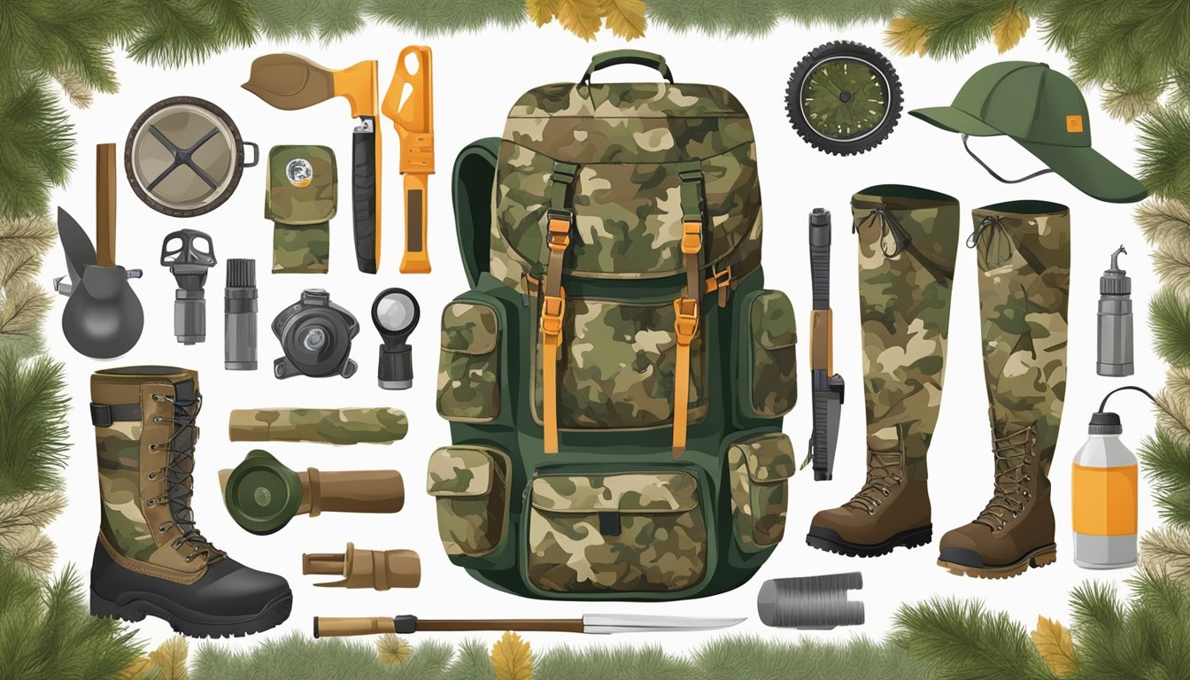 A youth hunting kit with camouflage clothing, boots, and gear for different hunting seasons in a forest setting