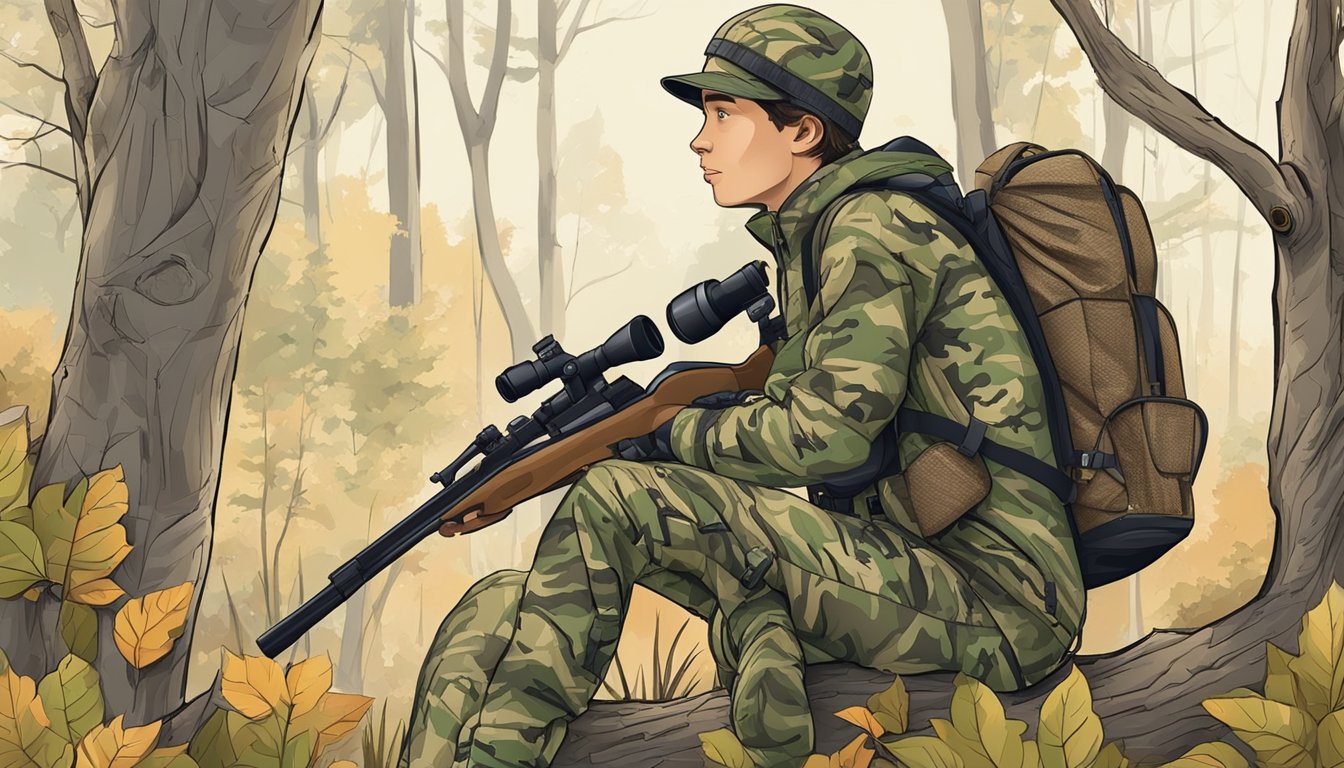 A youth hunting jumpsuit with camouflage pattern, paired with a backpack, binoculars, and a rifle slung over a tree branch