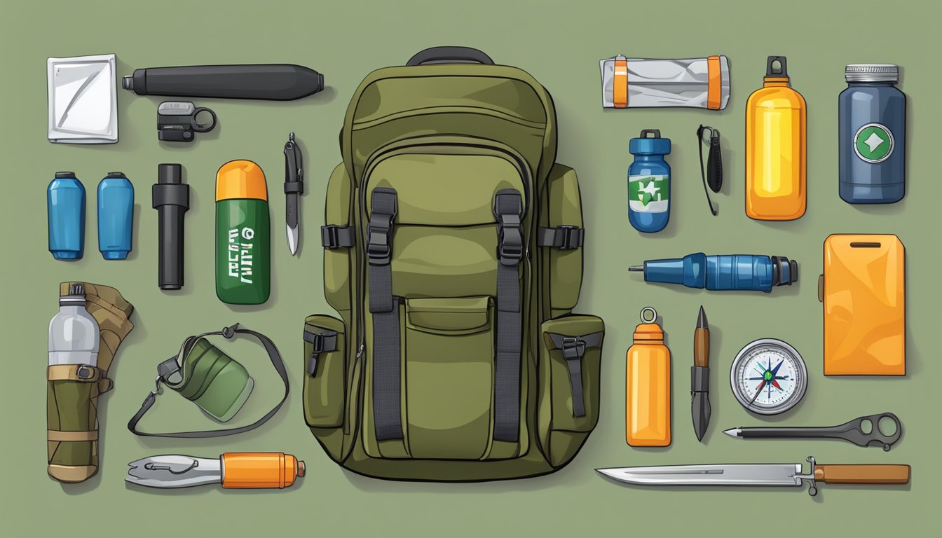 A backpack filled with hunting essentials: water bottle, compass, knife, first-aid kit, flashlight, and camouflage gear