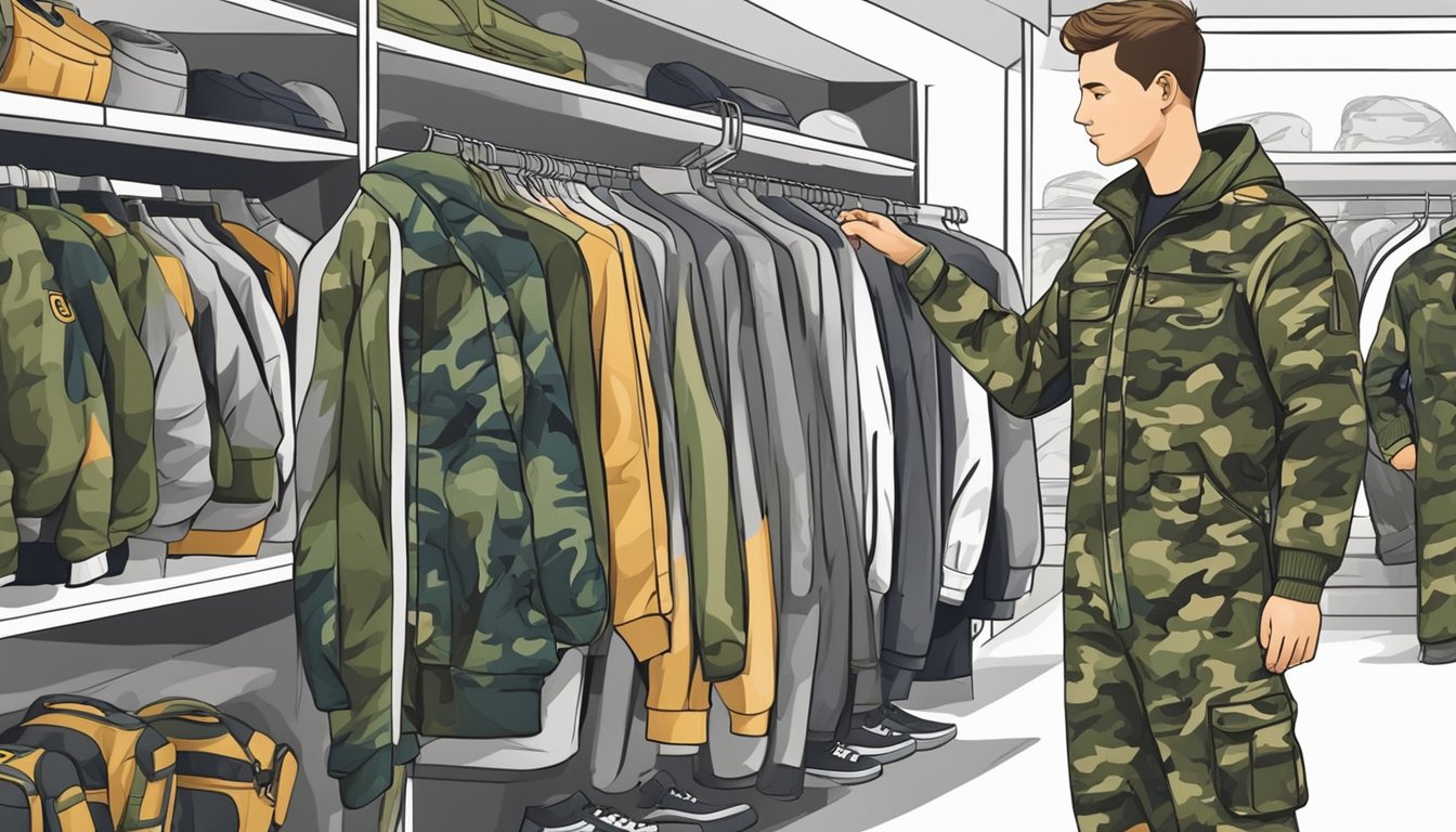 A young hunter tries on a camouflage jumpsuit in a sporting goods store