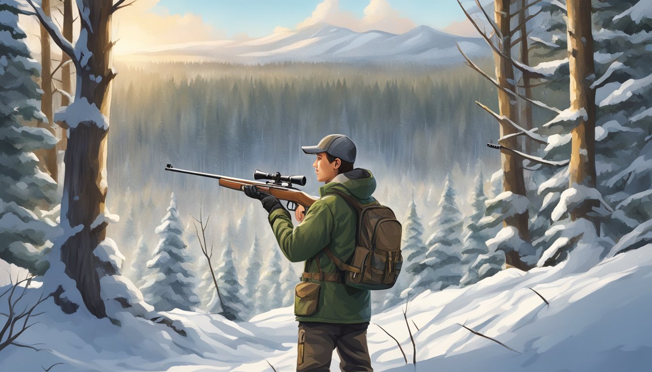 A young hunter wearing insulated bibs, standing in a snowy forest, holding a rifle and scanning the horizon