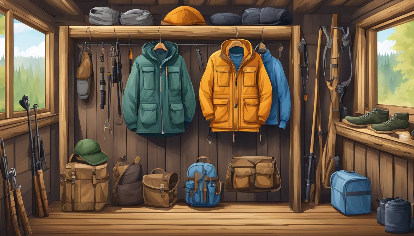 A youth hunting jumpsuit hanging on a wooden hanger, surrounded by outdoor gear and equipment in a rustic hunting cabin