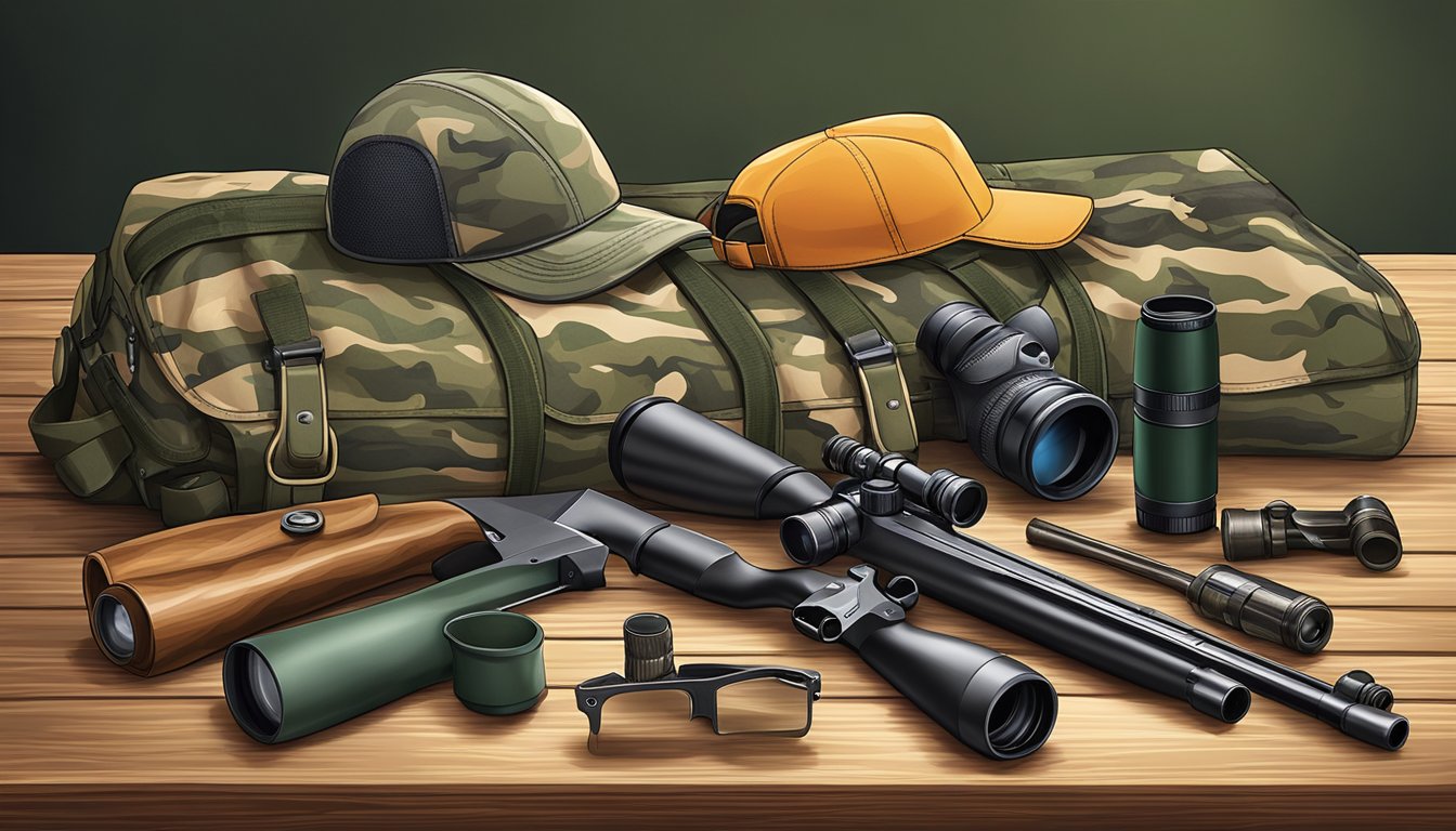 A collection of hunting gear including a rifle, camouflage clothing, binoculars, and a hunting knife laid out on a wooden table