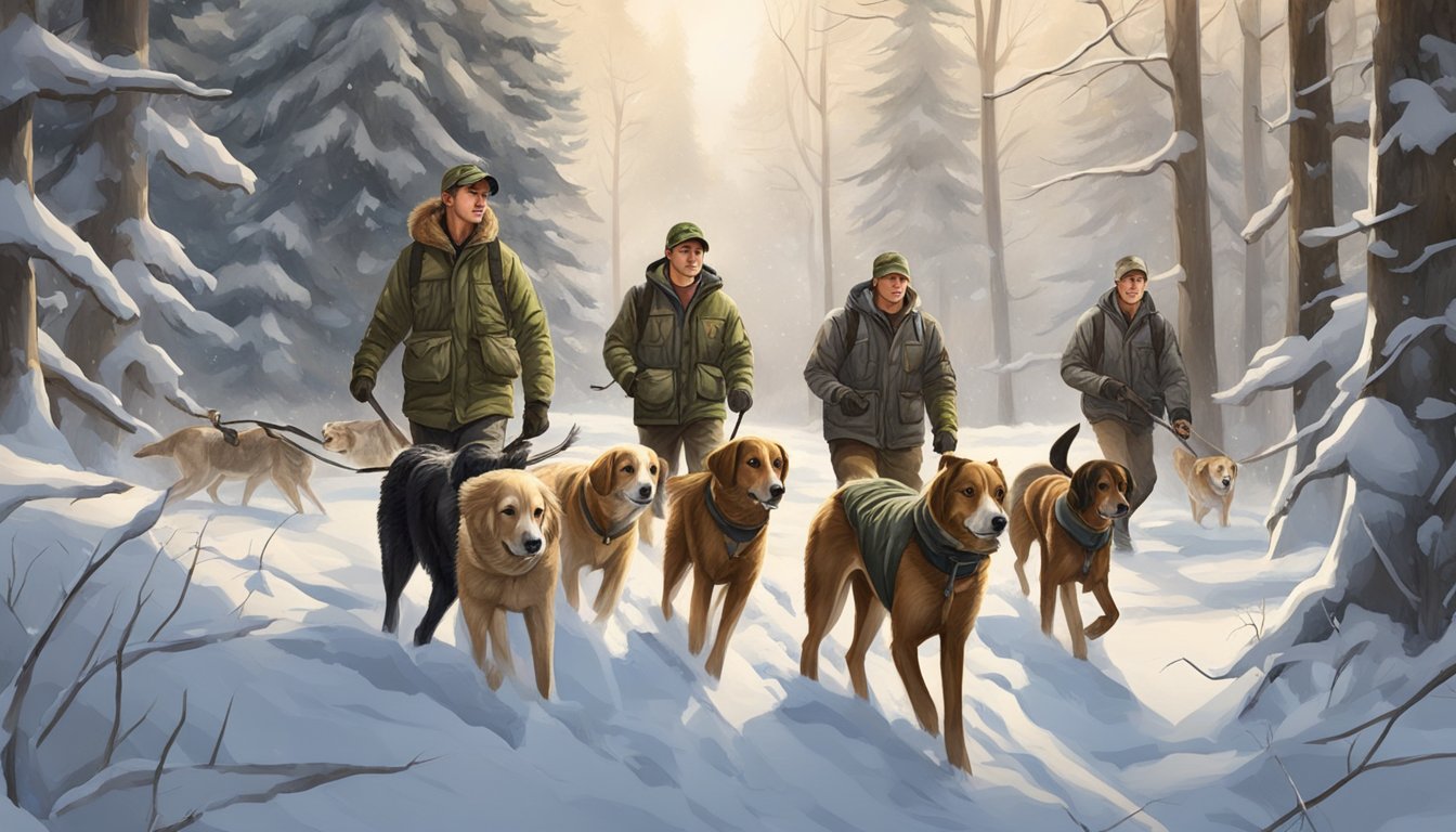 A group of young hunters in insulated bibs tracking through a snowy forest with their hunting dogs