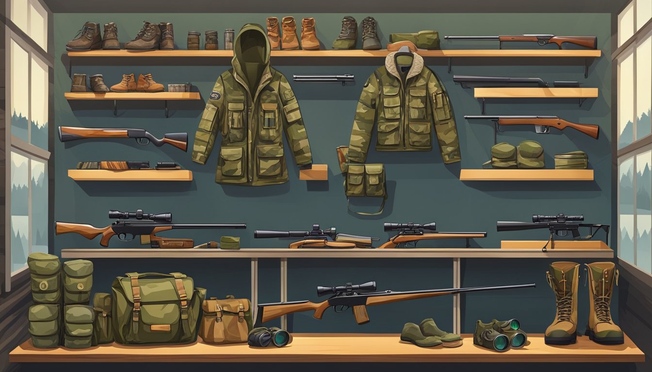 A display of hunting gear, including camouflage clothing, binoculars, and a variety of weapons, is arranged neatly on shelves in a well-lit outdoor store