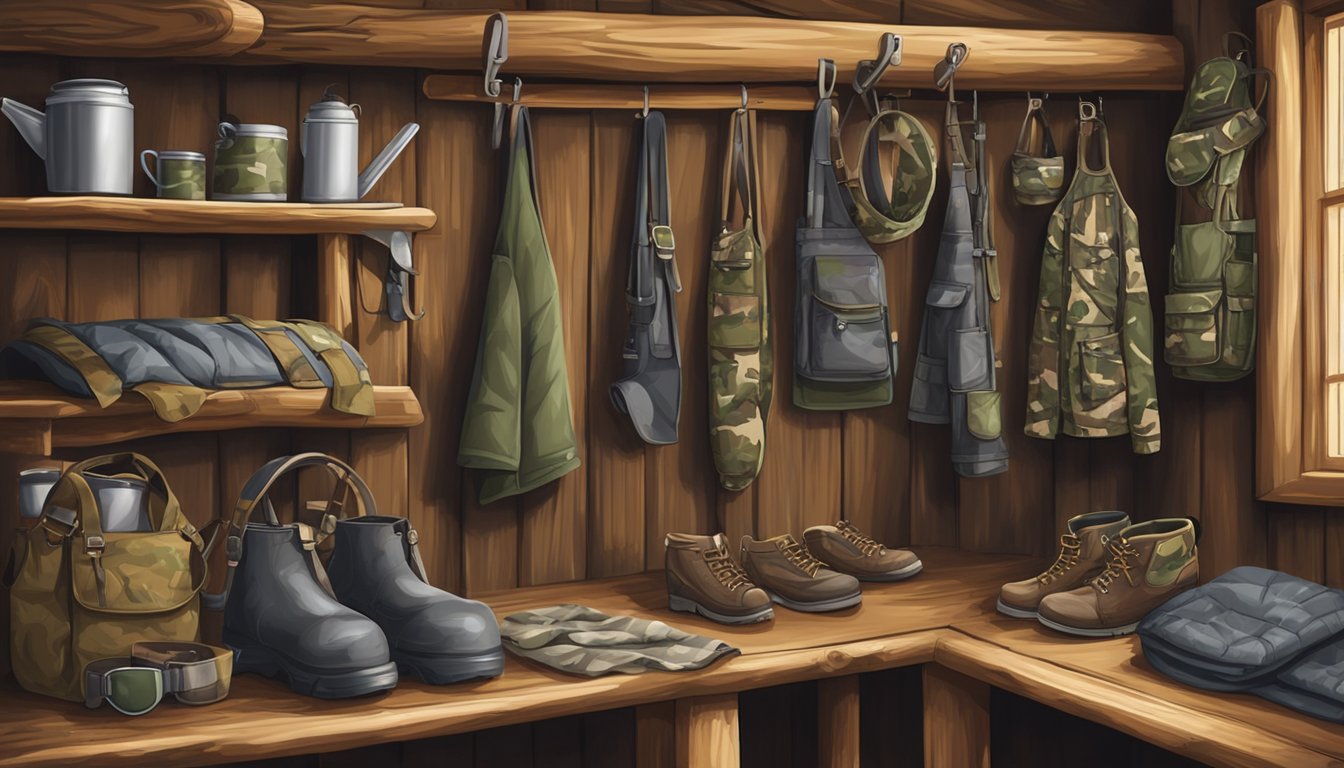 A pair of youth hunting insulated bibs hanging from a wooden peg in a rustic cabin, surrounded by hunting gear and camouflage clothing