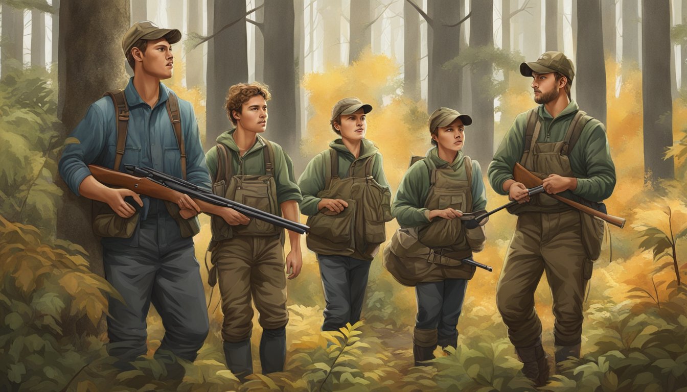 A group of young hunters wearing insulated bibs, surrounded by trees and bushes in a forest setting