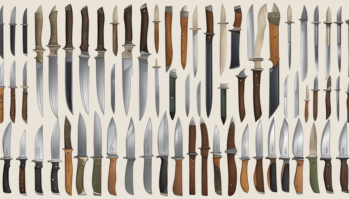 A collection of youth hunting knives laid out on a wooden table with various handle designs and blade styles