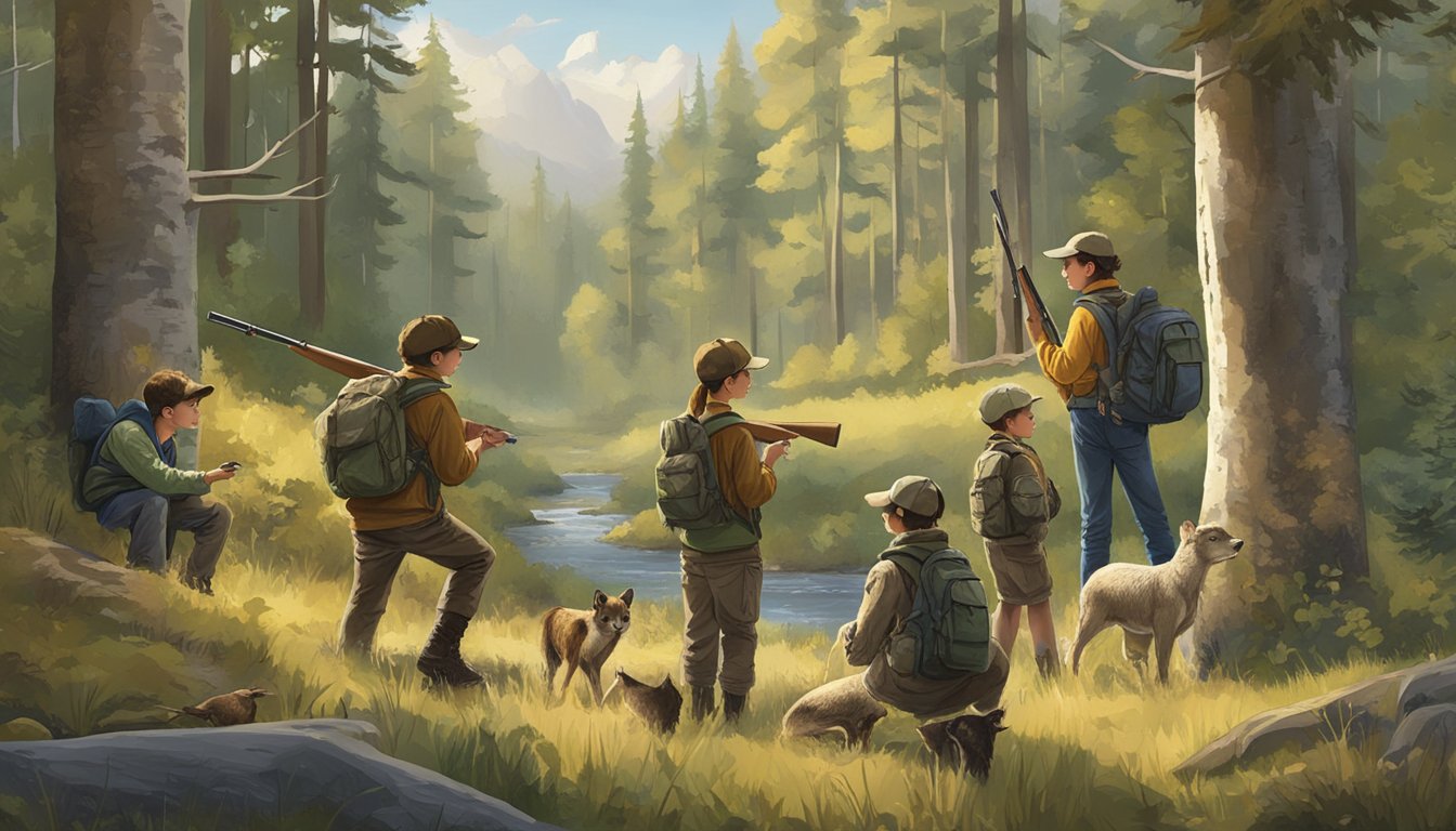 A group of young hunters eagerly studying a poster of eligibility criteria for youth hunting licenses, surrounded by woodland and wildlife