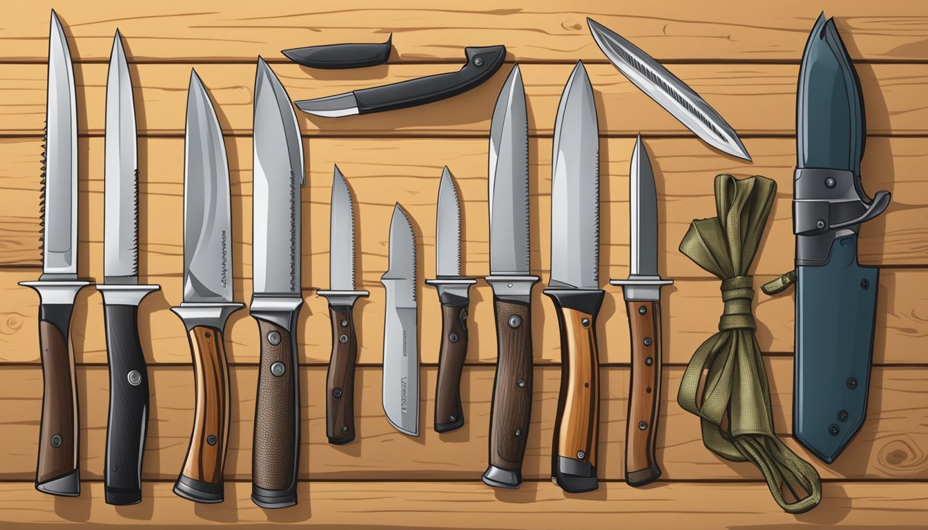 A hunter carefully examines a selection of hunting knives displayed on a wooden table