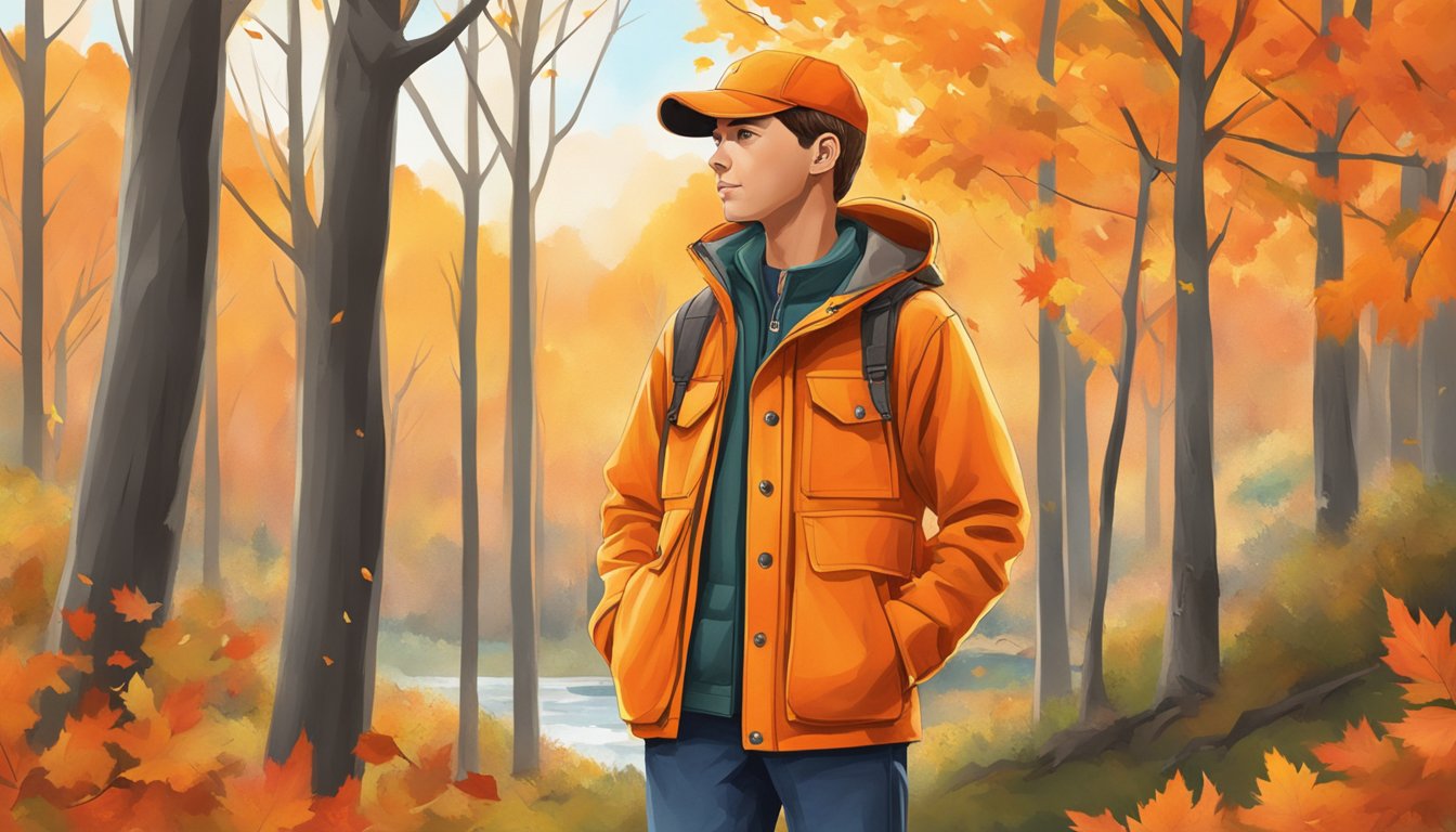 A youth hunting jacket in bright orange, standing out against a backdrop of autumn foliage