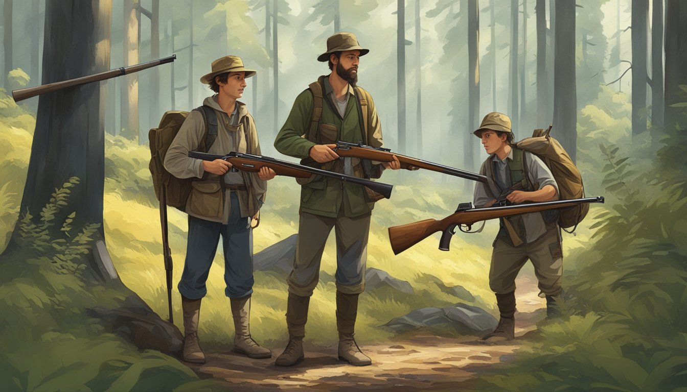 A group of young hunters gathering gear and rifles, accompanied by an adult, in a forest clearing