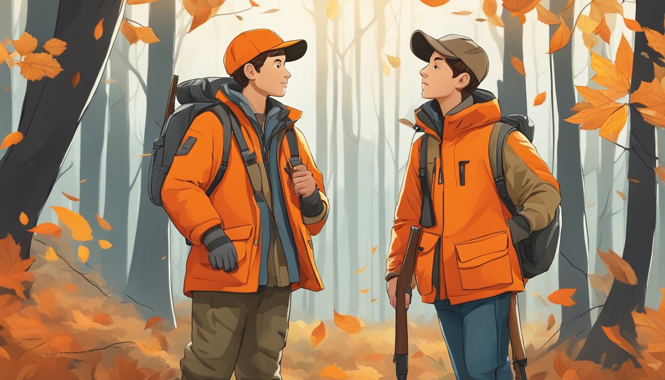 A young hunter stands in a forest clearing, wearing a bright orange youth hunting jacket, with trees and fallen leaves in the background